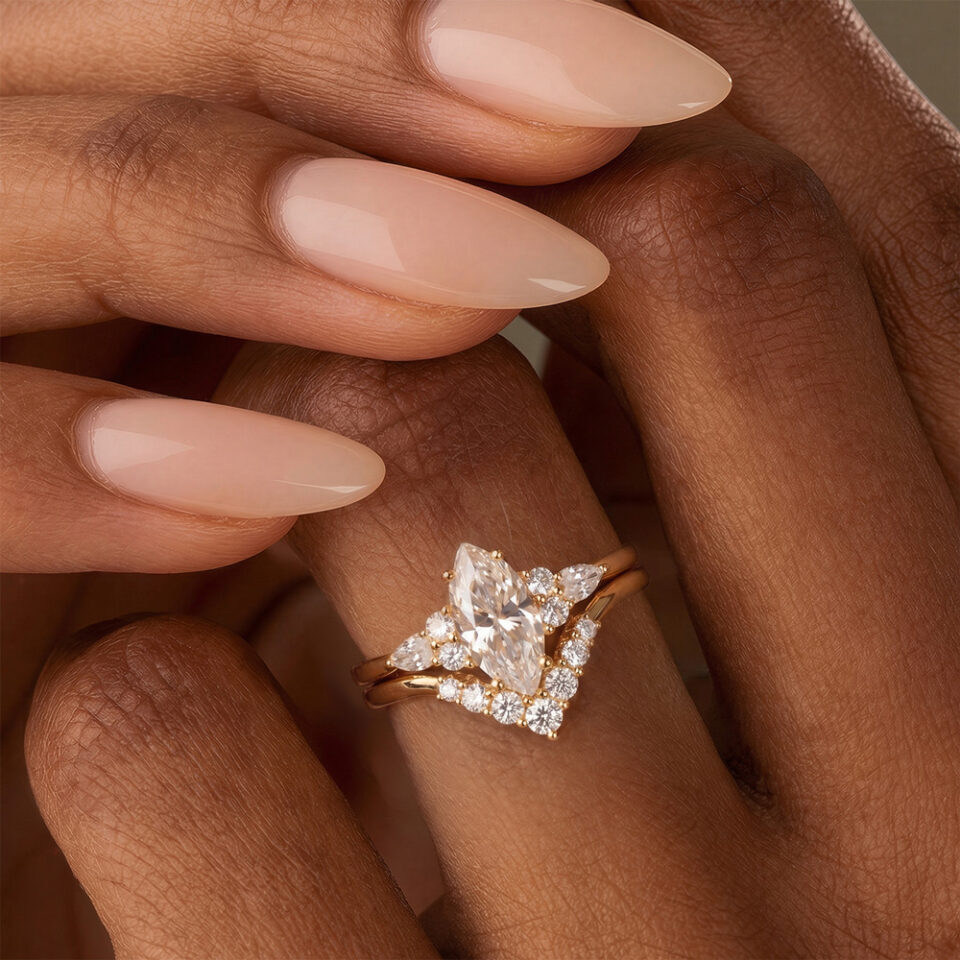 Yellow Gold Marquise Cut Moissanite Engagement Ring Set (3)