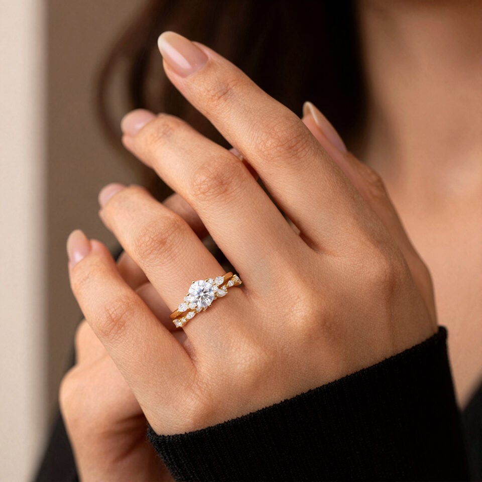 The Visual Effect of an Unique Round Cut Moissanite Engagement Ring Set