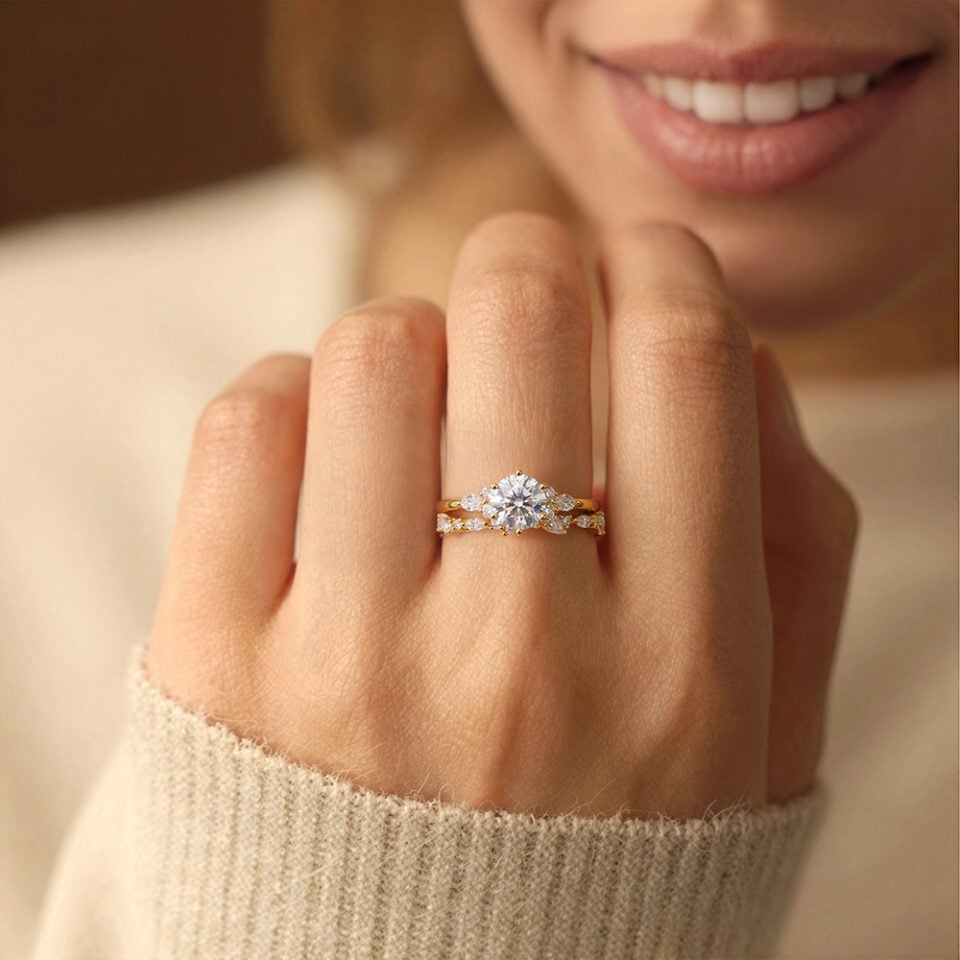 Appreciate the Beauty of an Unique Round Cut Moissanite Engagement Ring Set