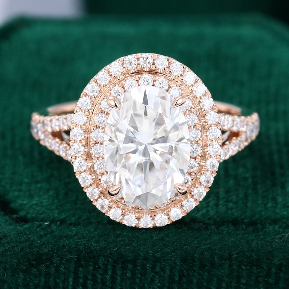 CTW 3CT Oval Cut Moissanite Double Halo Split Shank Engagement Ring