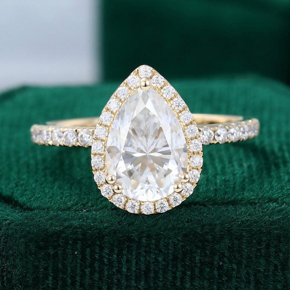 Pear Shaped Moissanite Halo Engagement Ring with Half Eternity Pavé Band
