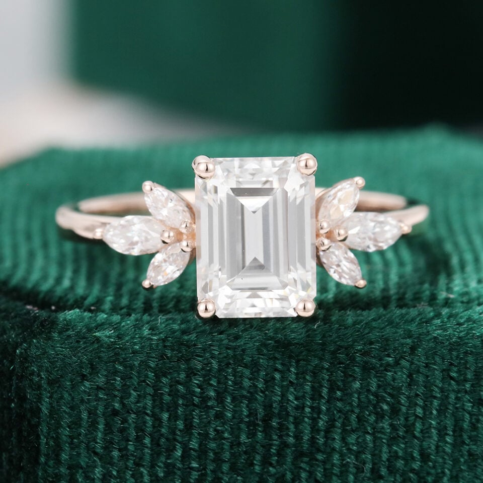 Rose Gold Emerald Cut Moissanite Wings Engagement Ring