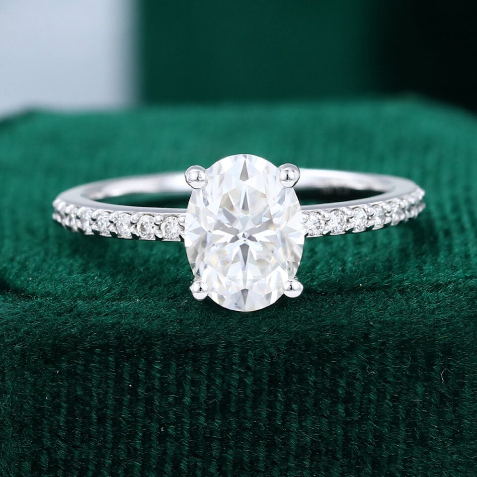 MOLLYJEWELRY White Gold Oval Moissanite Half Eternity Band Engagement Ring