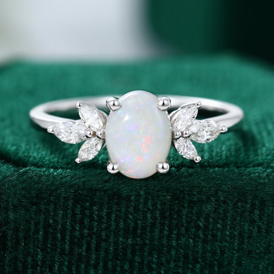 Oval Cut Natural Opal With Moissanite Wings Engagement Ring