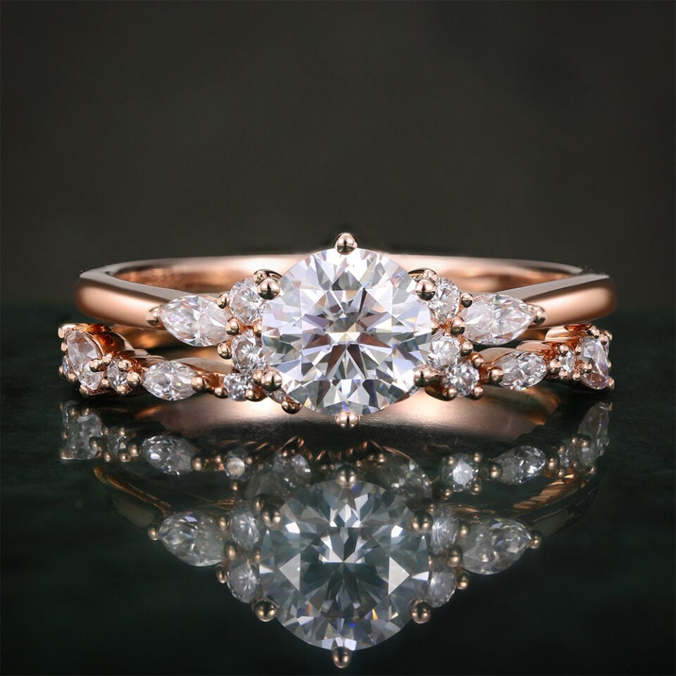Round Cut Moissanite Engagement Ring Set Unique Bridal Set (1)