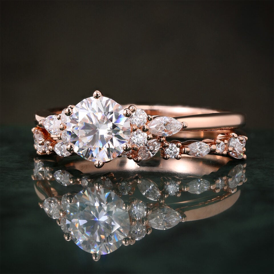 Round Cut Moissanite Engagement Ring Set Unique Bridal Set (2)