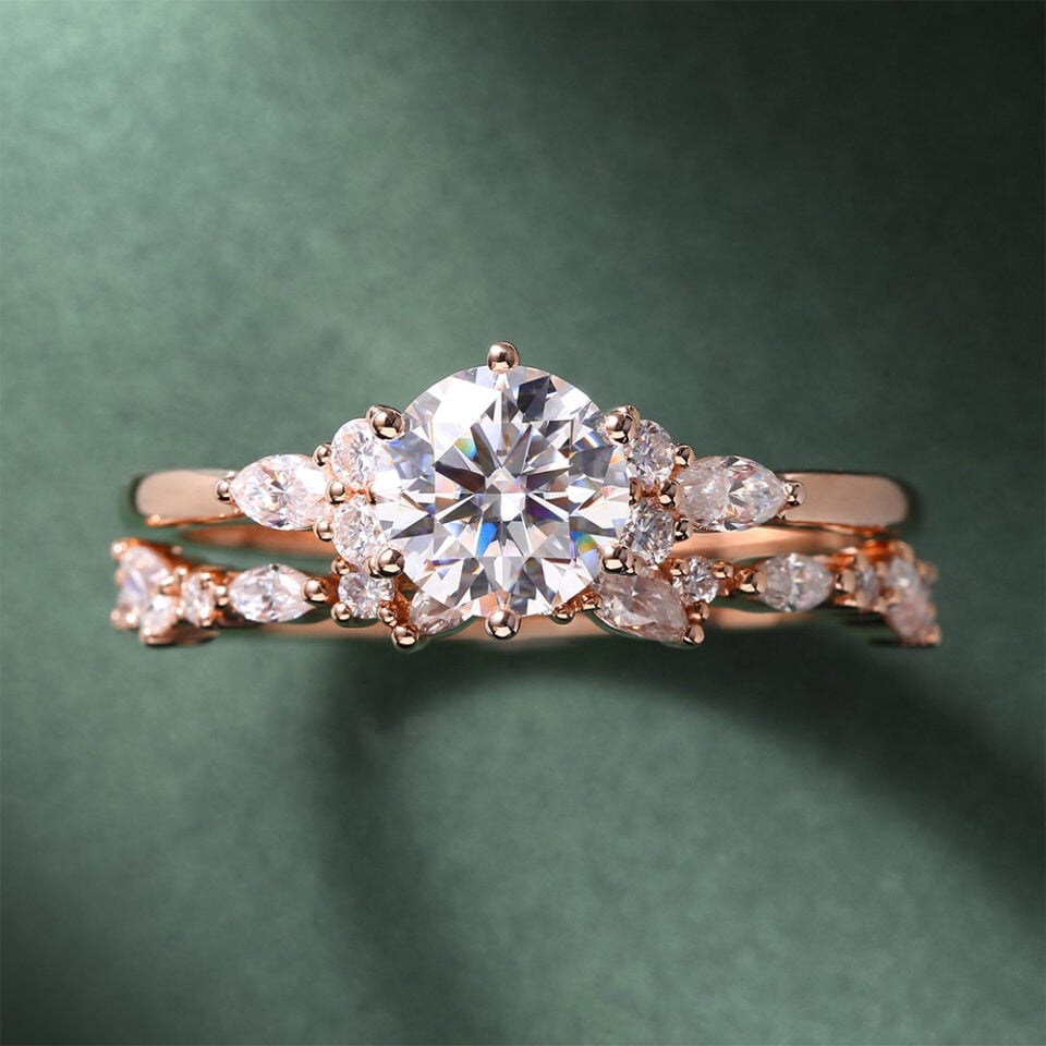 Round Cut Moissanite Engagement Ring Set Unique Bridal Set (3)