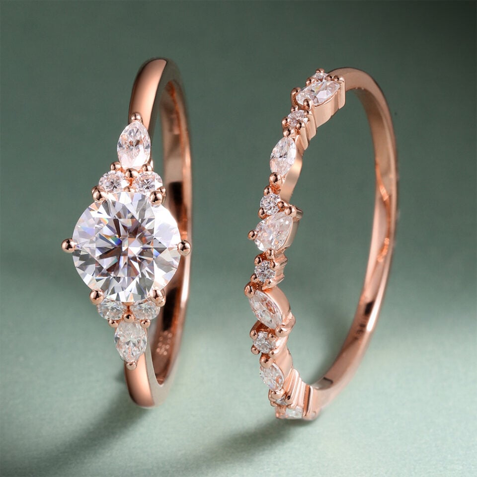 Round Cut Moissanite Engagement Ring Set Unique Bridal Set (8)