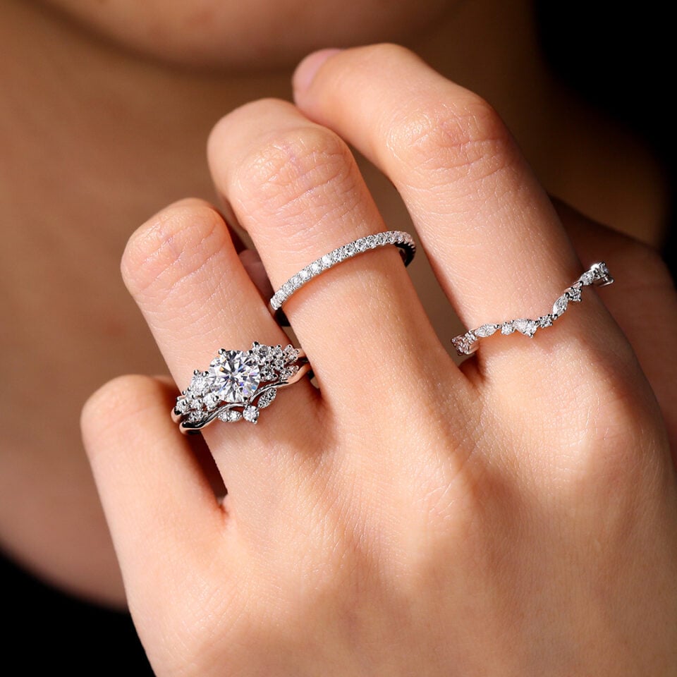 Snowdrift Round Moissanite Engagement Ring Set Cluster Bridal Ring Set