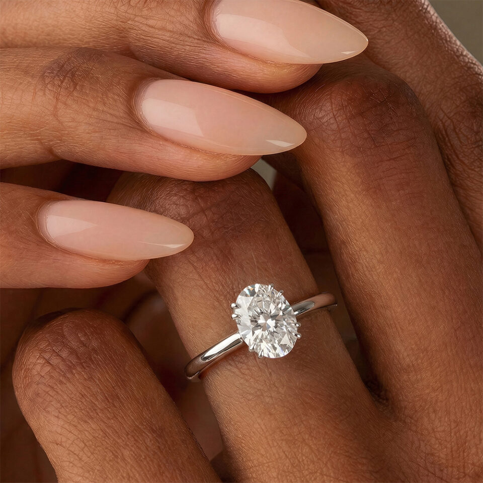 White Gold Oval Moissanite Double Claw Prong Solitaire Engagement Ring (3)