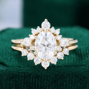 Yellow Gold Oval Moissanite Cluster Engagement Ring Set