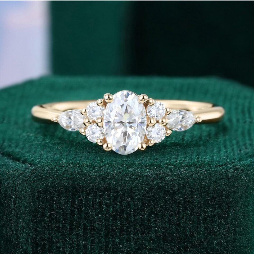 Classic Cluster | 0.5CT Oval Cut Moissanite Promise Ring Classic Side Stone Engagement Ring