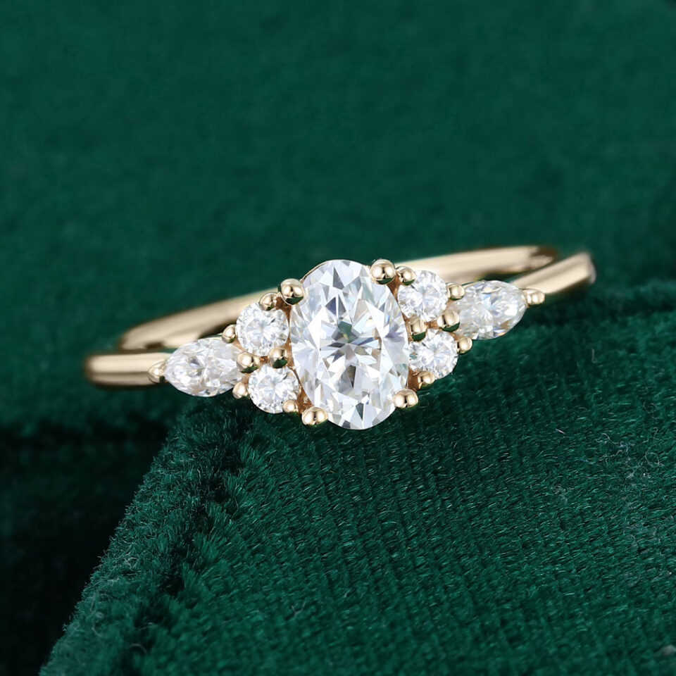 0.5CT Oval Cut Moissanite Engagement Ring with Cluster Side Stones Promise Ring