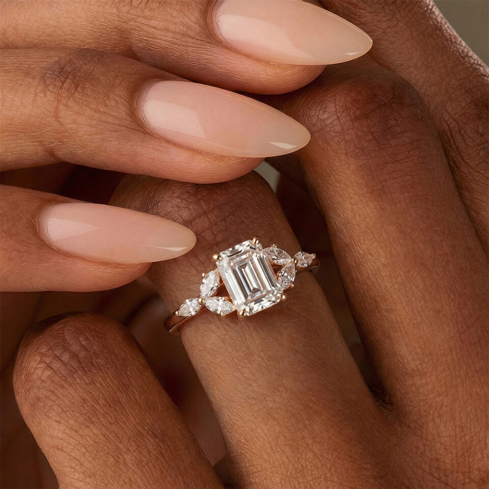 Emerald Cut Moissanite Engagement Ring Marquise Sidestones Ring (2)