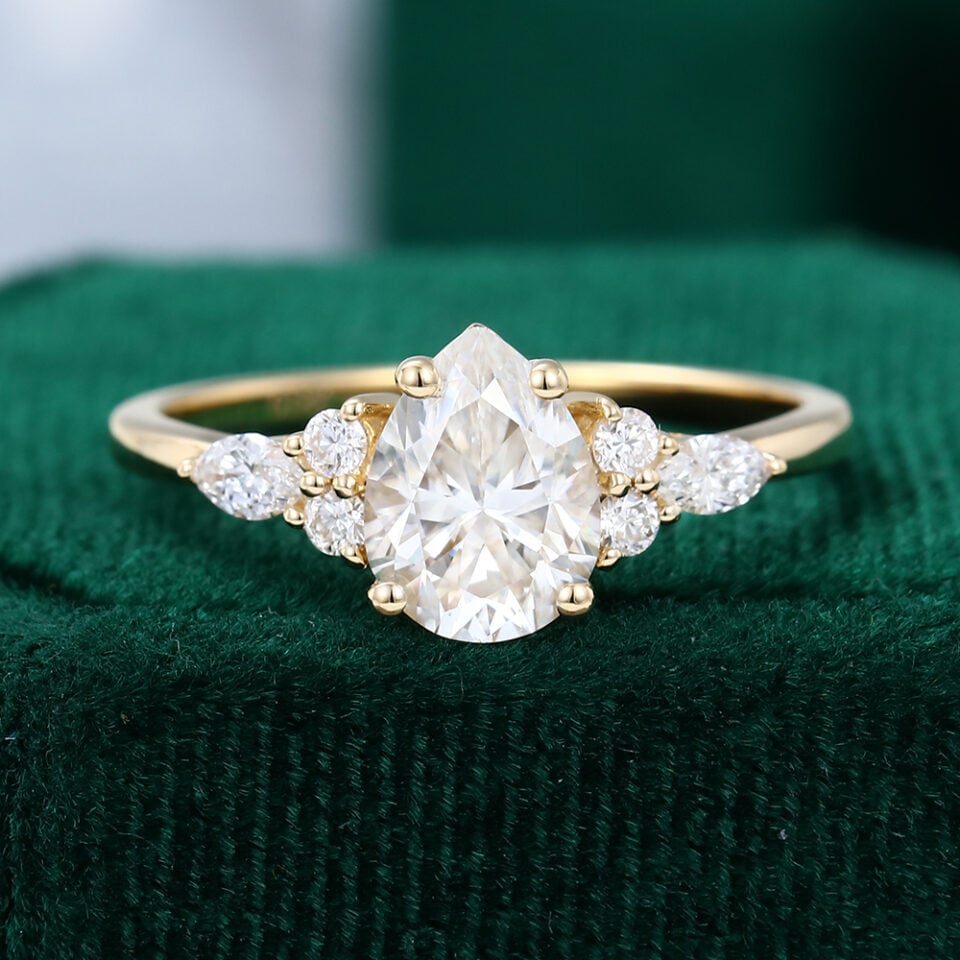 Pear Shaped Moissanite Classic Cluster Engagement Ring