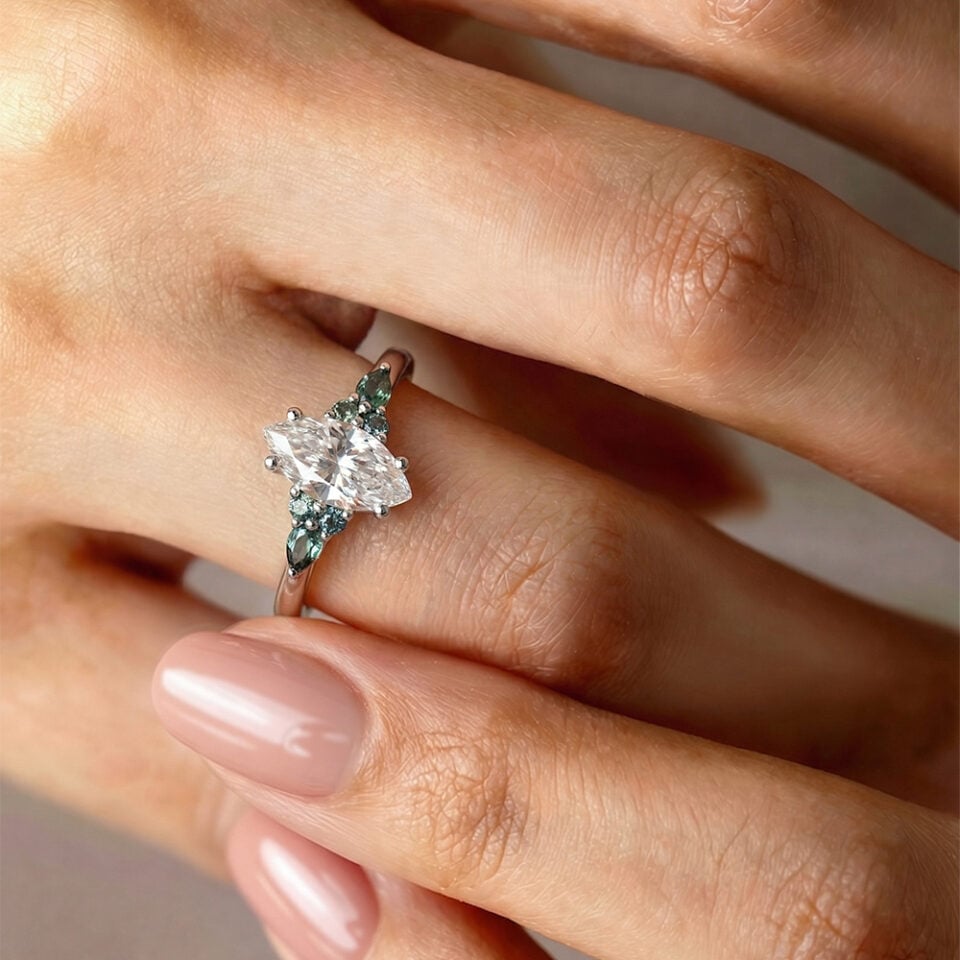 Marquise Cut Moissanite With Green Blue Sapphire Engagement Ring (1)
