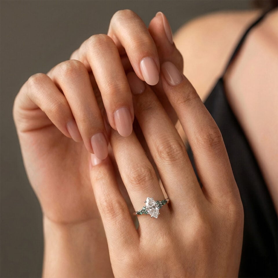 Marquise Cut Moissanite With Green Blue Sapphire Engagement Ring (3)