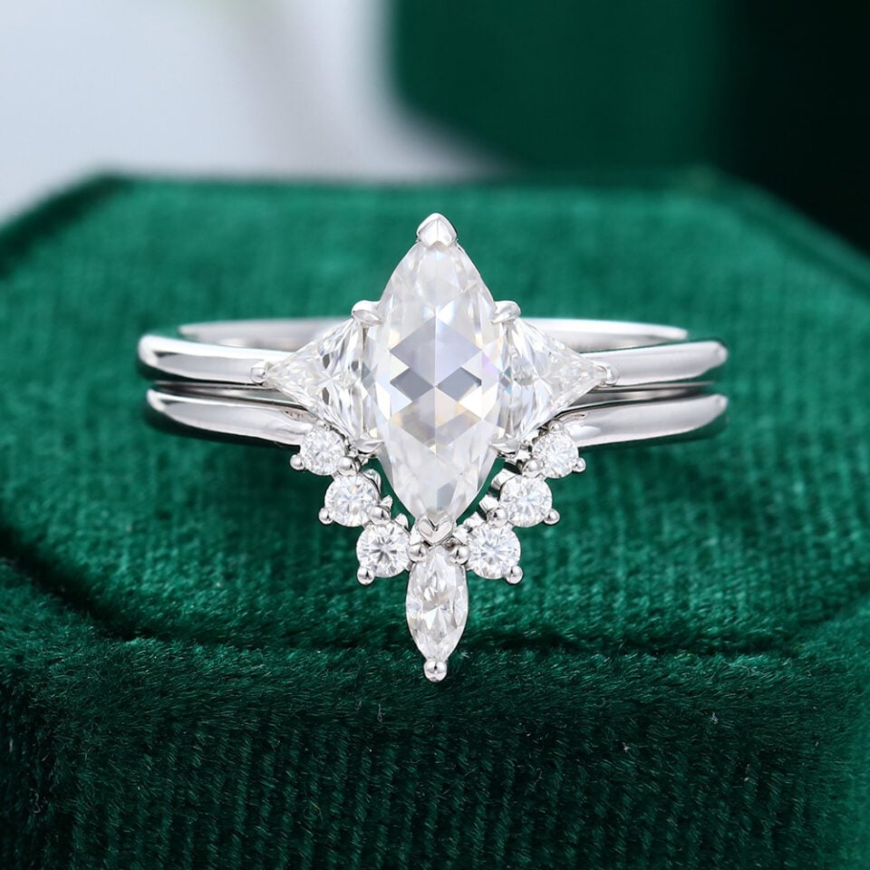 Unique Rose Cut Marquise Shaped Moissanite Engagement Ring Set