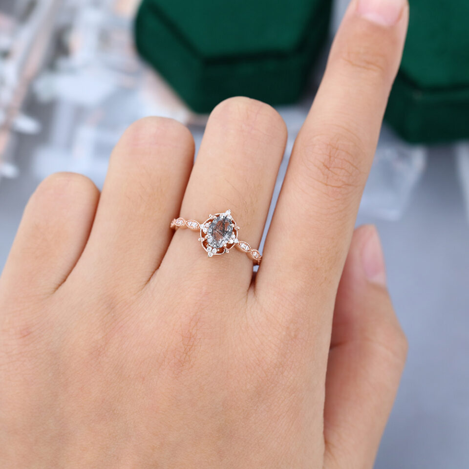 MollyJewelryUS Oval cut Black Quartz Rutilated Engagement ring Rose Gold