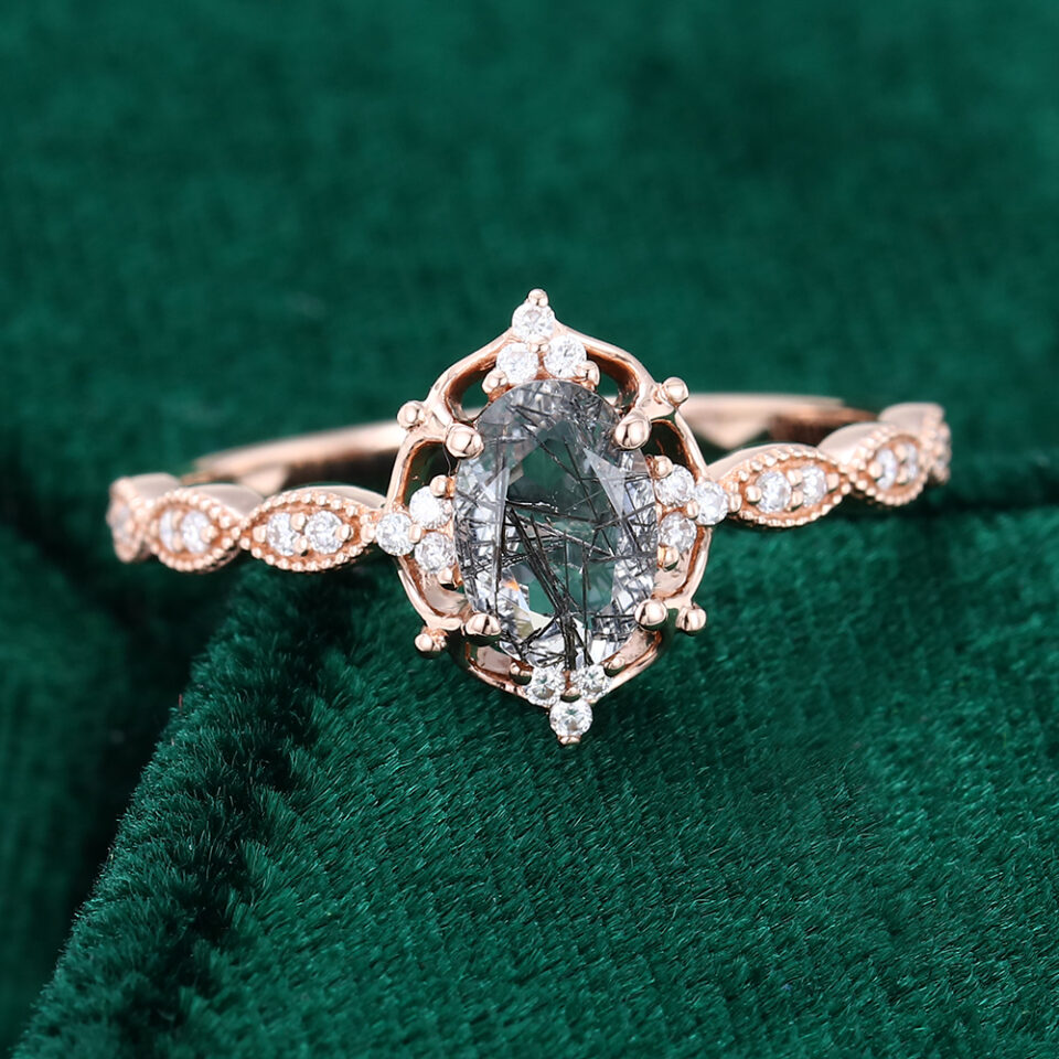 MollyJewelryUS Oval cut Black Quartz Rutilated Engagement ring Rose Gold