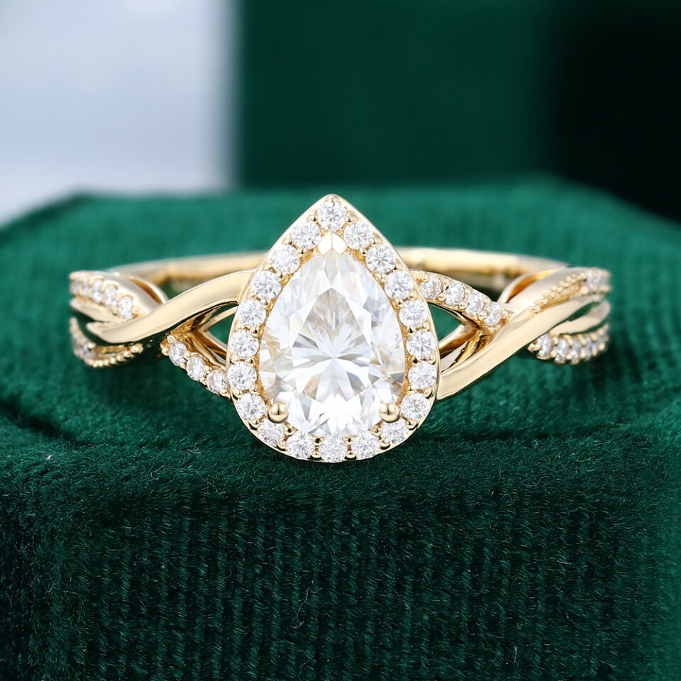 Pear Shaped Moissanite Engagement Ring Crossover Shank Halo Ring