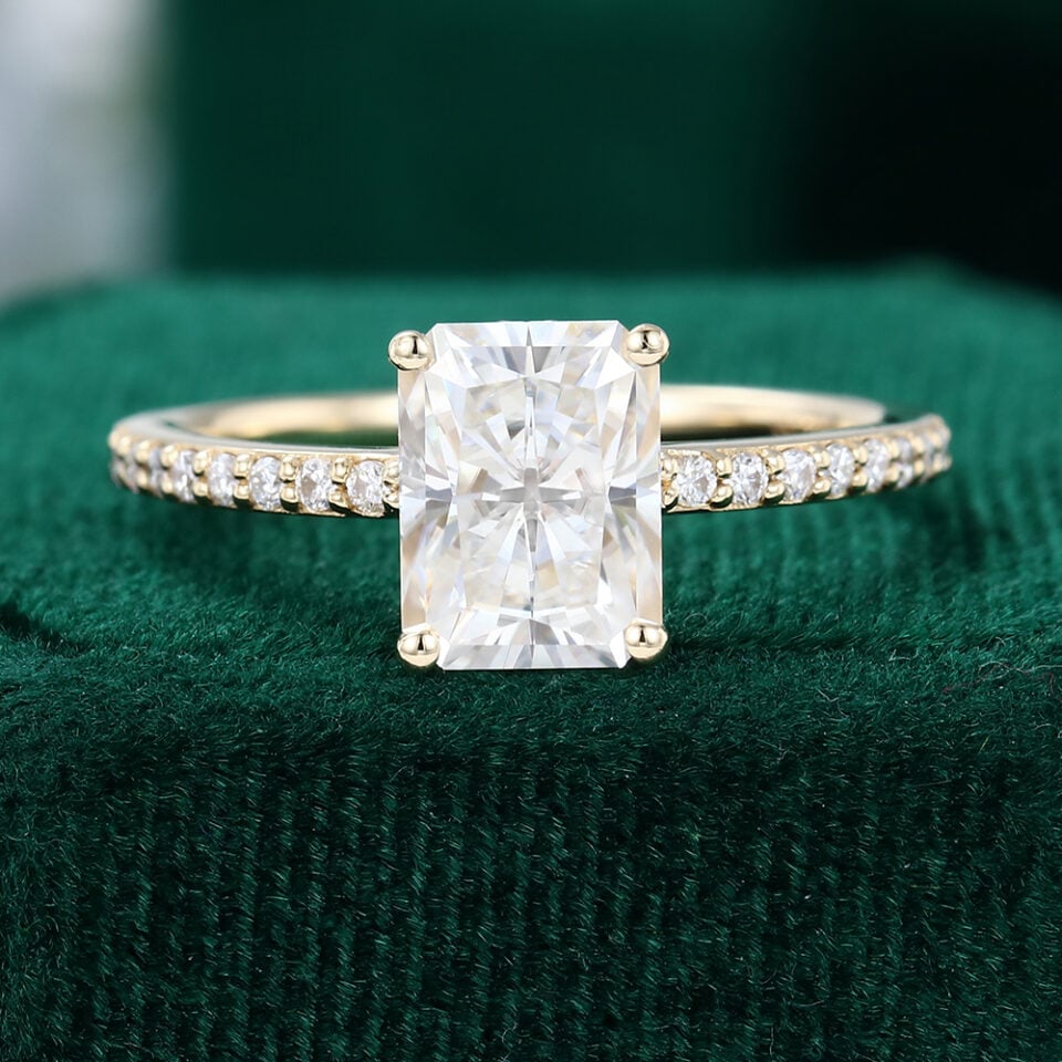 Yellow Gold Radiant Cut Moissanite Pavé Engagement Ring