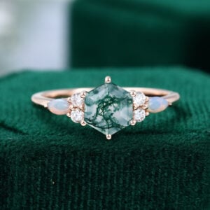 MollyJewelryUS Rose Gold Hexagon Cut Moss Agate Engagement ring