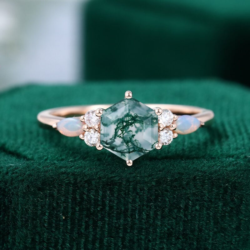 MollyJewelryUS Rose Gold Hexagon Cut Moss Agate Engagement ring