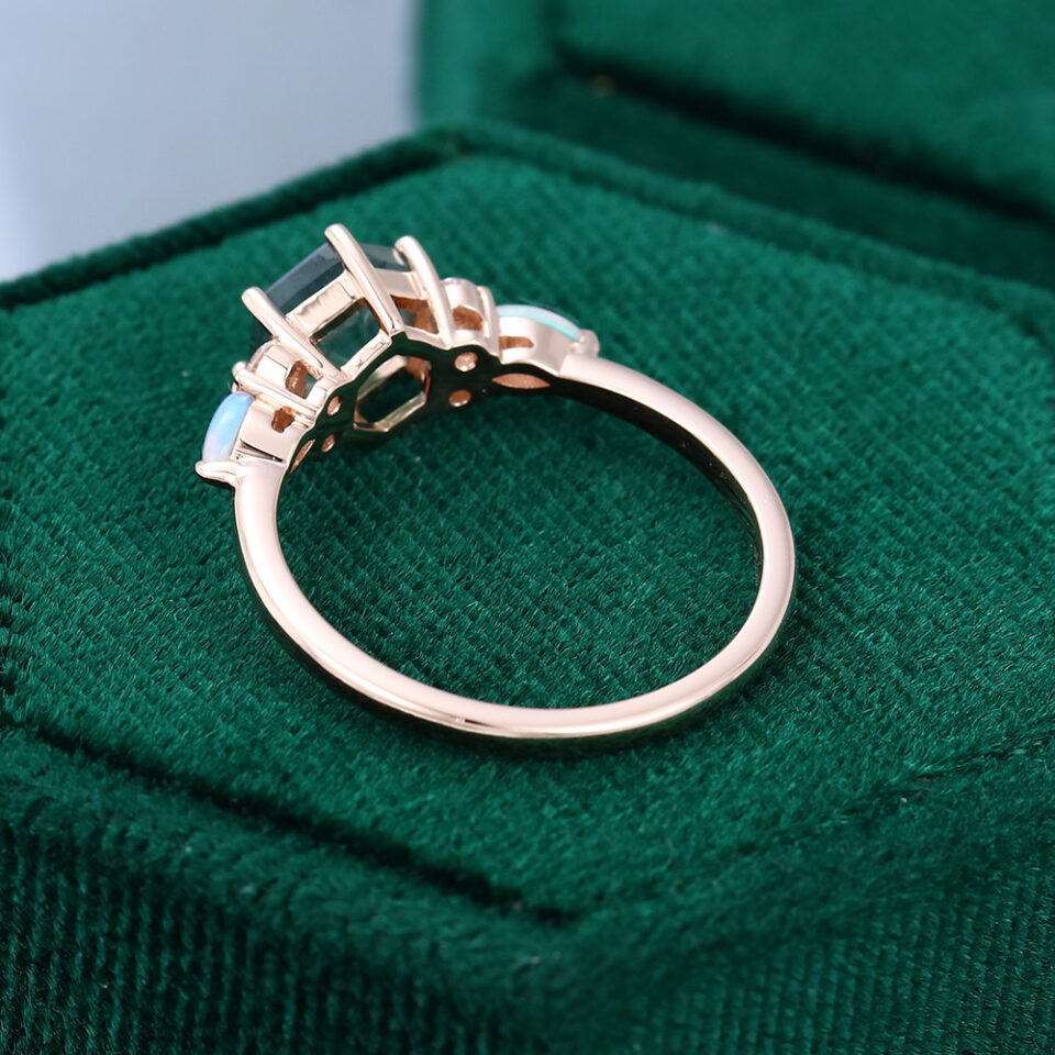 MollyJewelryUS Rose Gold Hexagon Cut Moss Agate Engagement ring