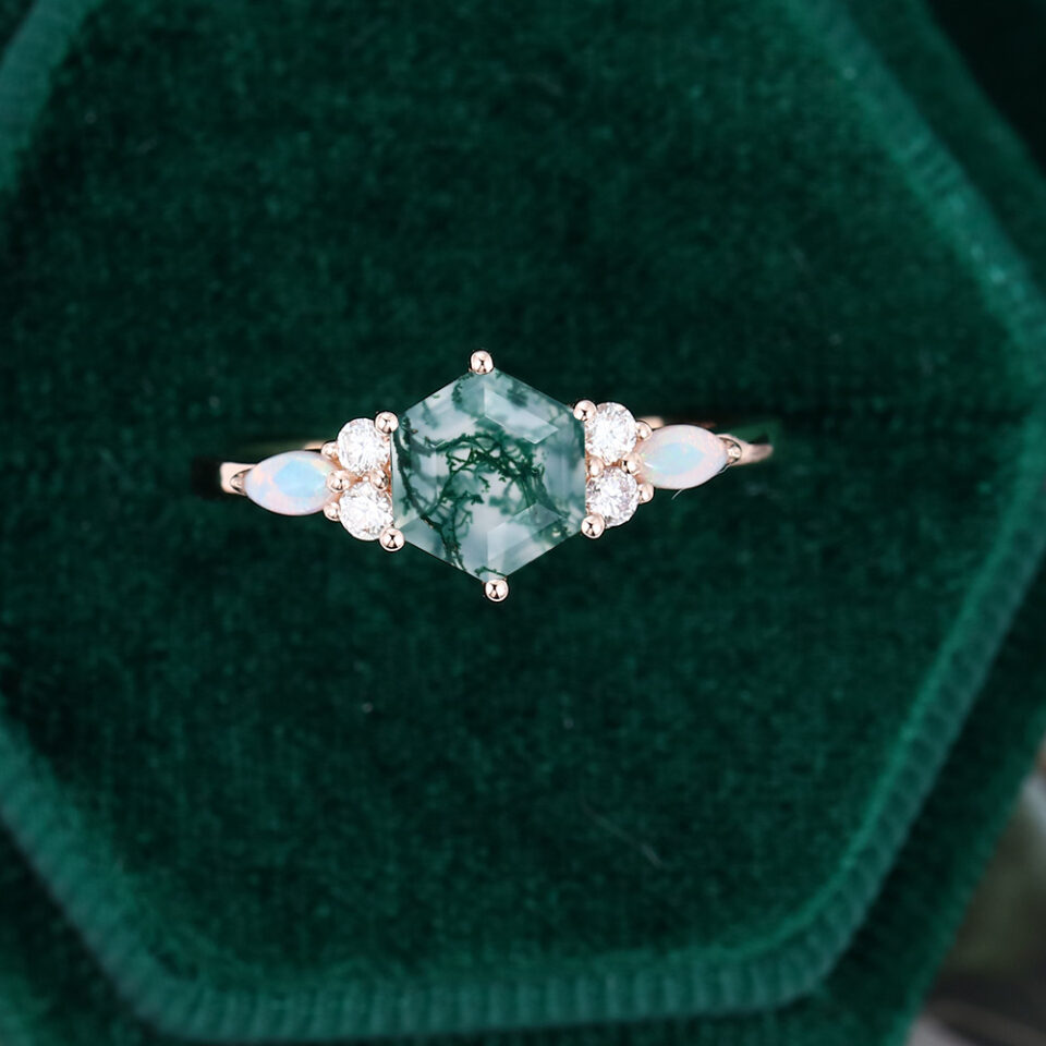 MollyJewelryUS Rose Gold Hexagon Cut Moss Agate Engagement ring