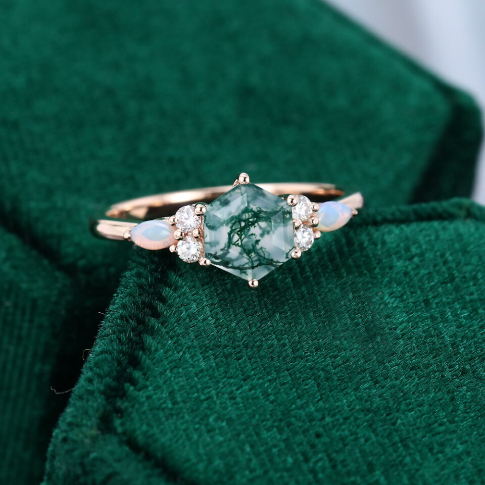 MollyJewelryUS Rose Gold Hexagon Cut Moss Agate Engagement ring
