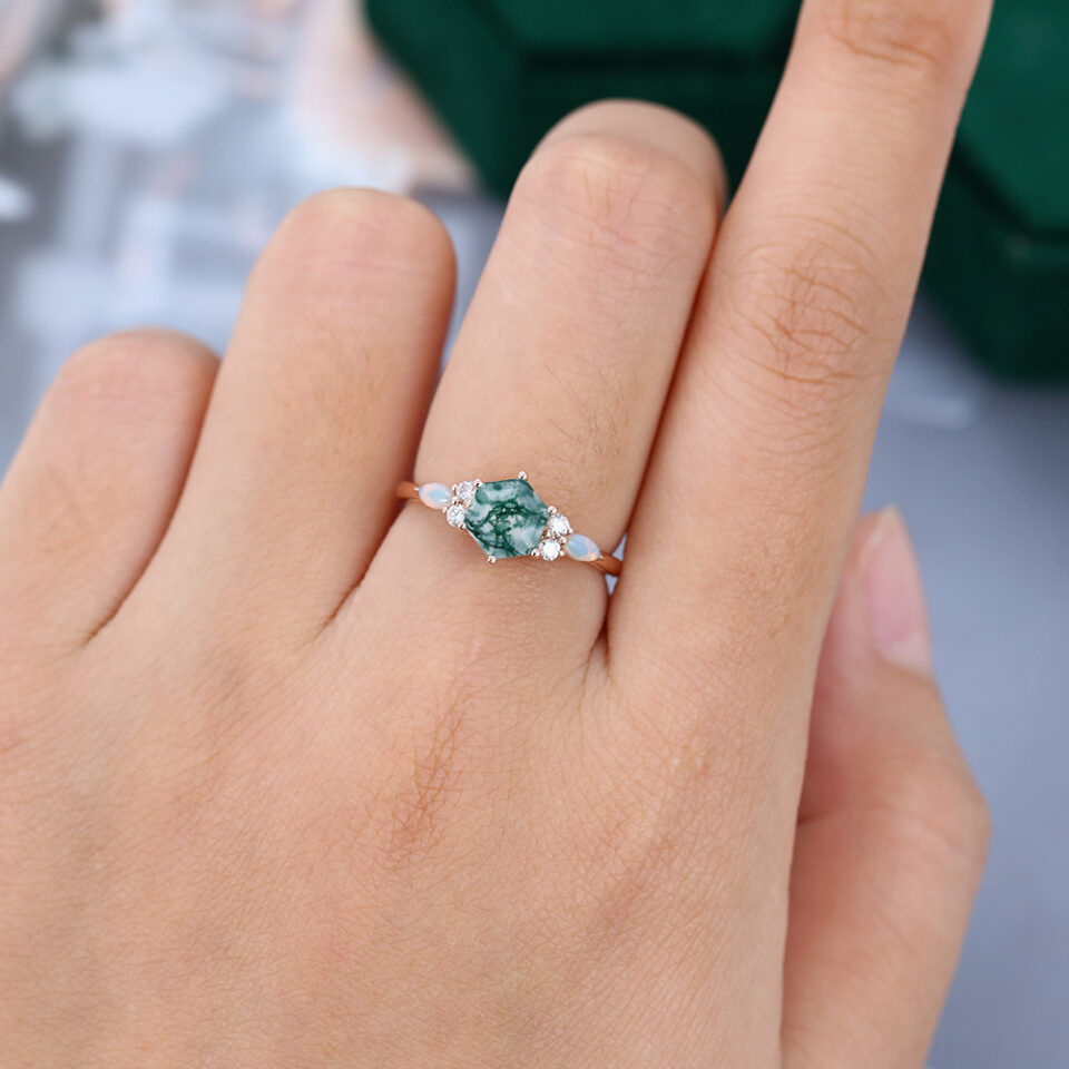MollyJewelryUS Rose Gold Hexagon Cut Moss Agate Engagement ring