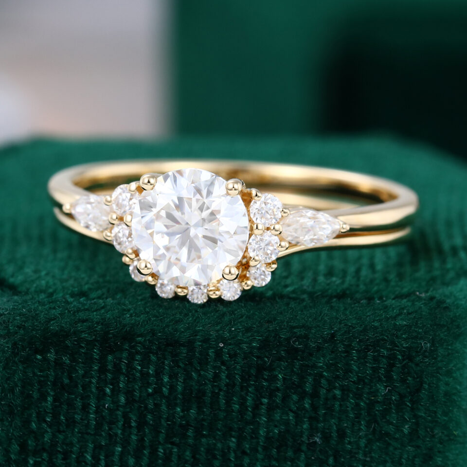 MollyJewelryUS Round cut 14k Yellow Gold Moissanite Ring Sets