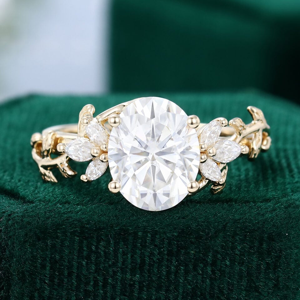 Oval Cut Moissanite Engagement Ring Marquise Accented Leaf Ring