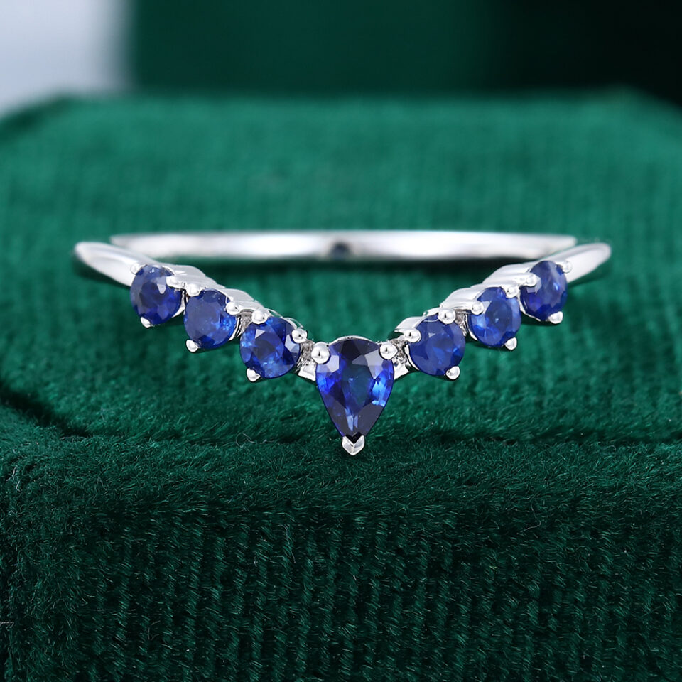 White Gold Lab Sapphire Curved Wedding Band Stacking Band Dainty Ring
