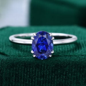 Oval Cut Lab Sapphire Single Stone Ring Double Claws Solitaire Engagement Ring