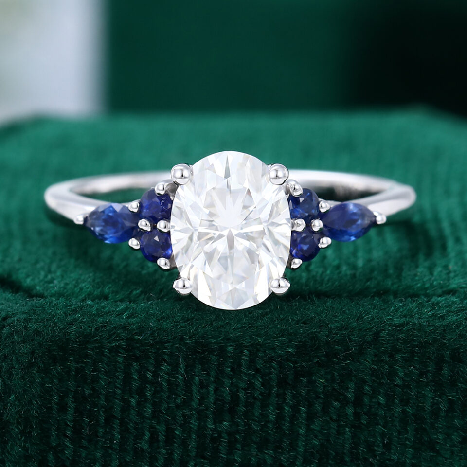 Classic Cluster | Oval Cut Moissanite Engagement Ring with Sapphire Accents