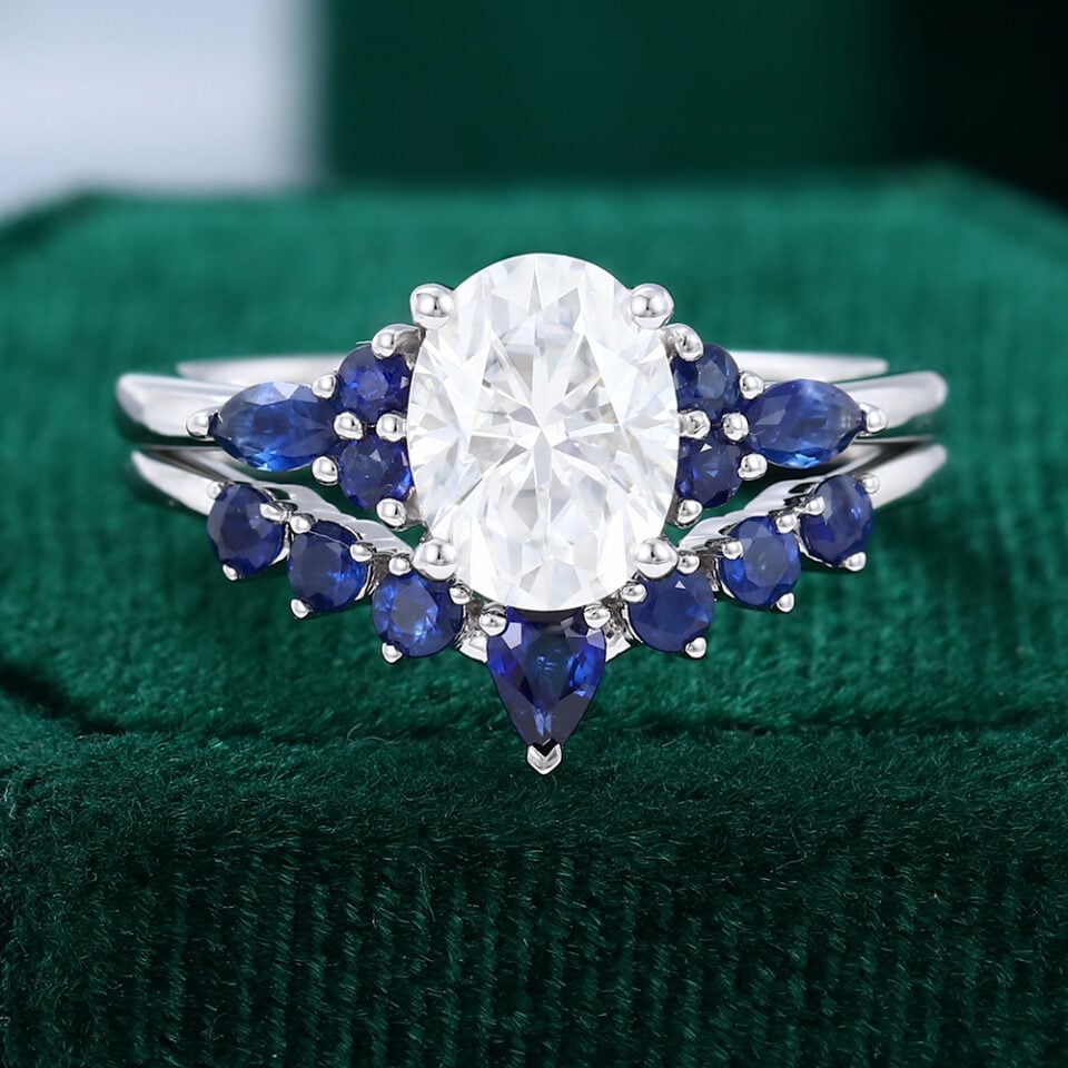 Oval Cut Moissanite Engagement Ring Set Sapphire Accents Bridal Set