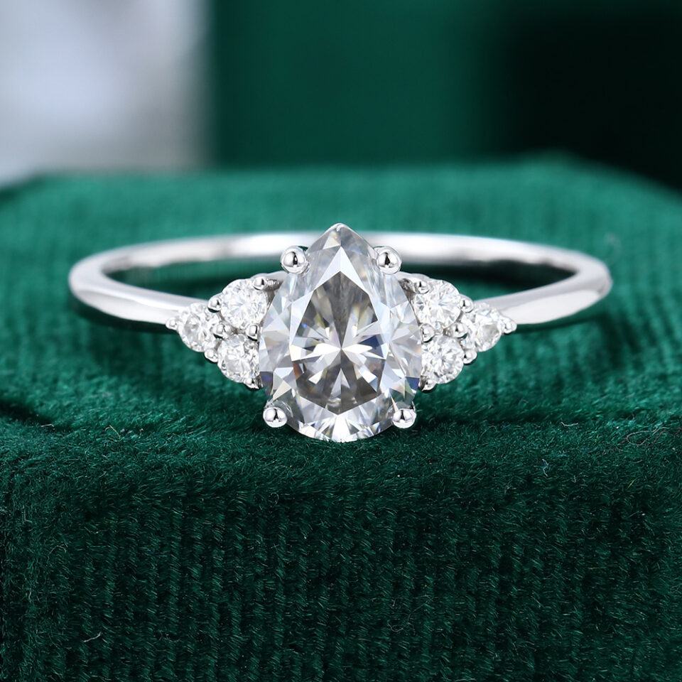 Pear Cut Gray Moissanite Cluster Engagement Ring