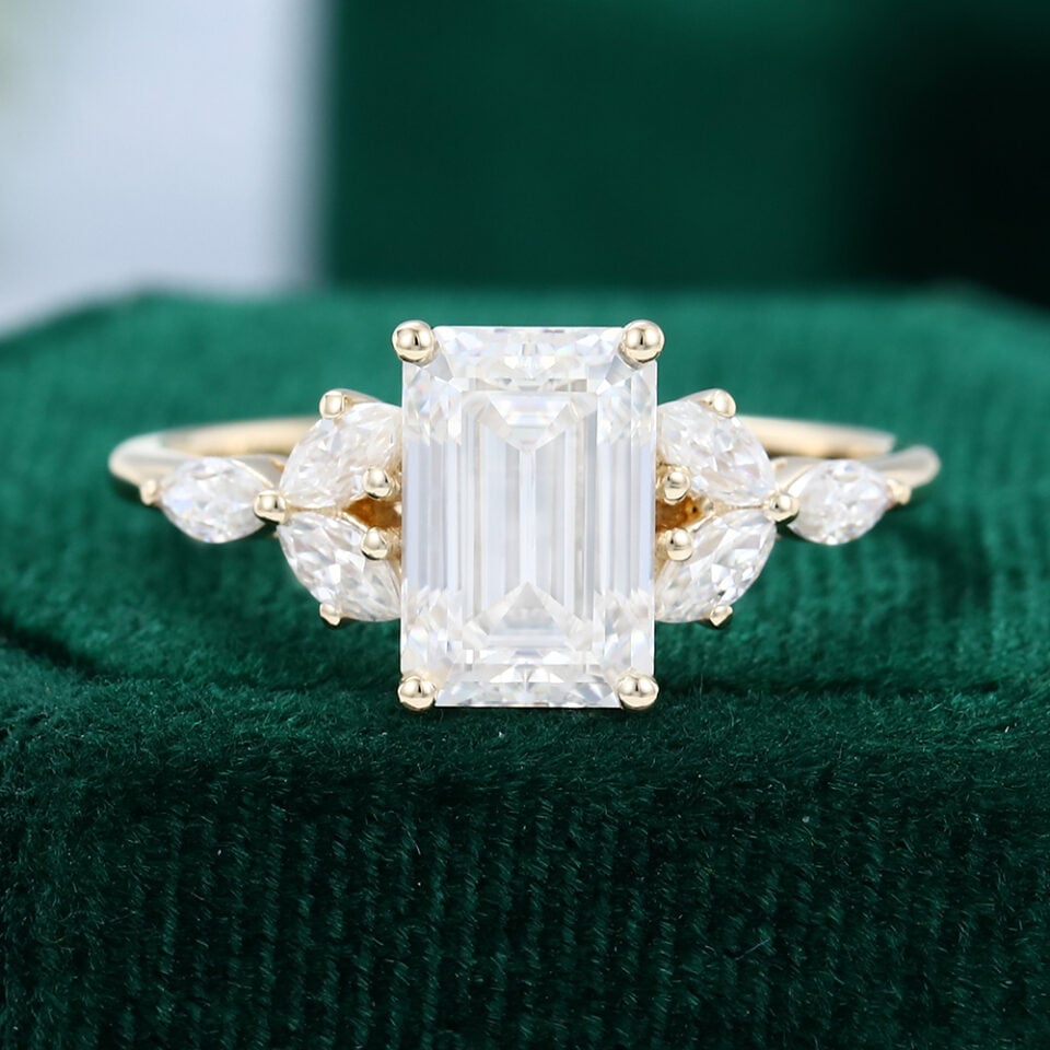 Emerald Cut Moissanite Engagement Ring Marquise Sidestones Ring