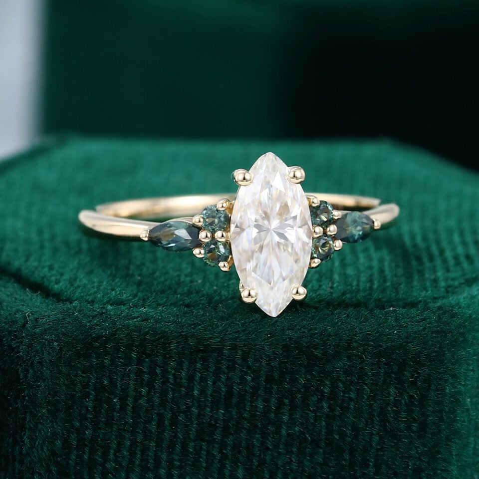 MollyJewelryUS Yellow Gold Marquise Cut Moissanite Engagement Rings