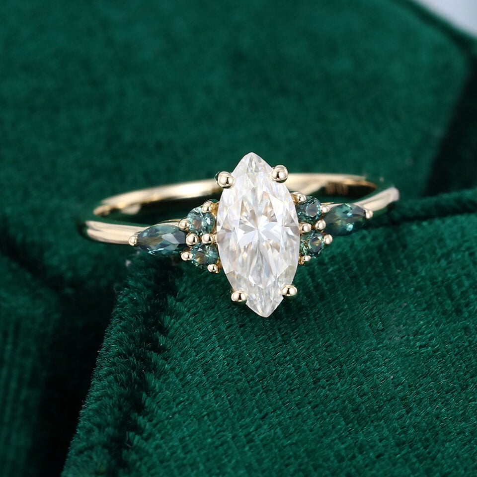MollyJewelryUS Yellow Gold Marquise Cut Moissanite Engagement Rings