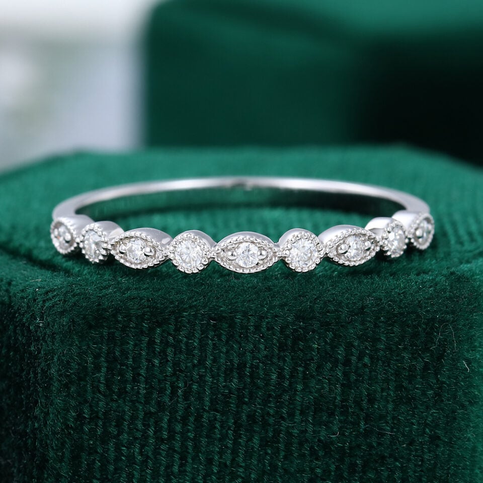 Moissanite Wedding Band Milgrain Detailing Bezel Setting Stacking Ring