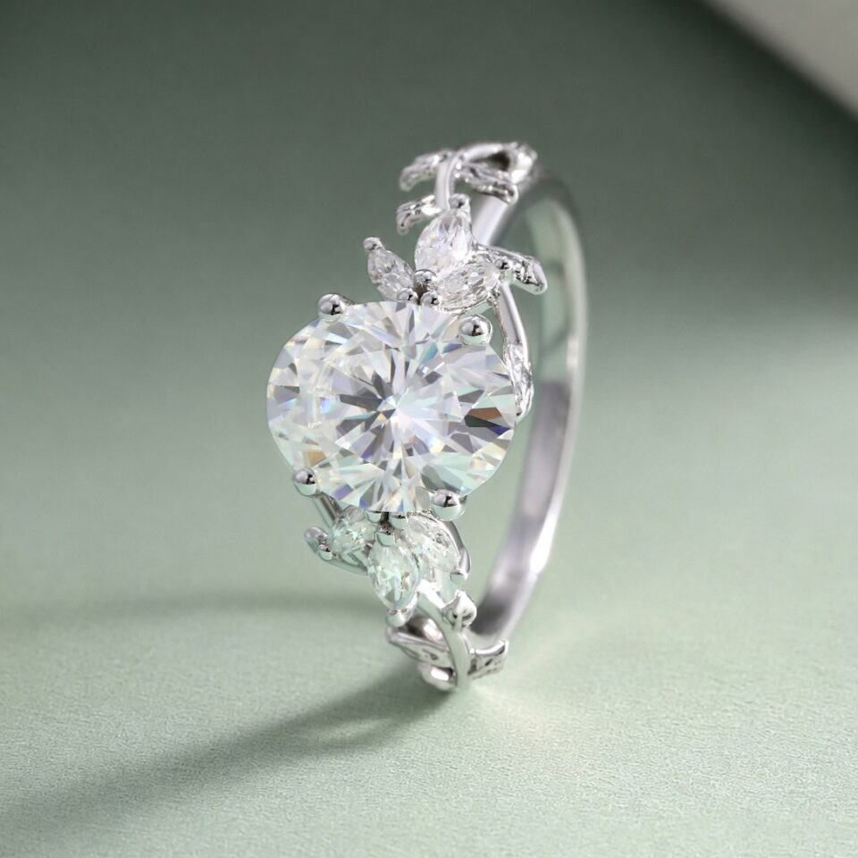 Oval Cut Moissanite Engagement Ring Marquise Accented Leaf Ring (2)