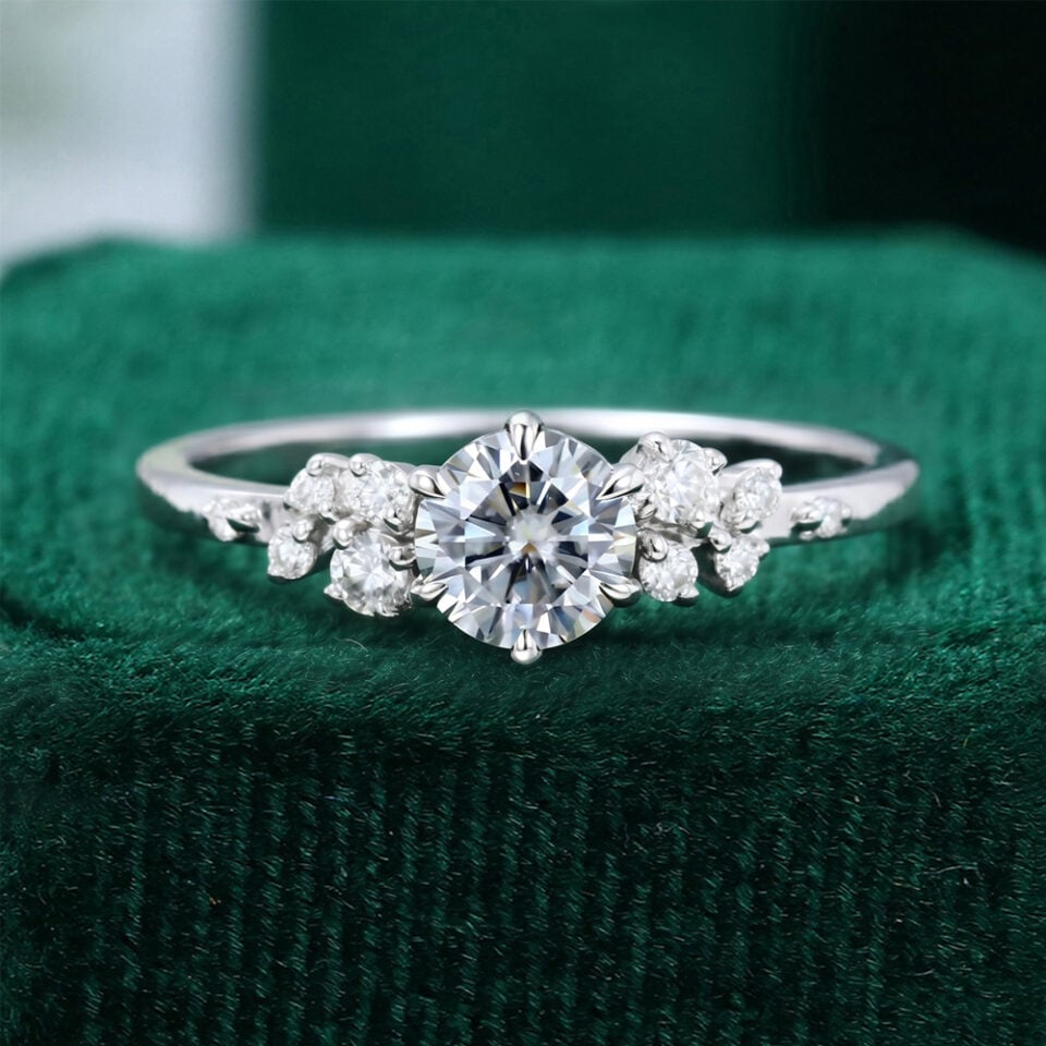 Snowdrift | Half Carat Round Cut Gray Moissanite Cluster Engagement Ring - Flip & Petite Accents