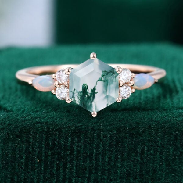 Hexagon Cut Moss Agate With Opal & Moissanite Side Stones Engagement Ring