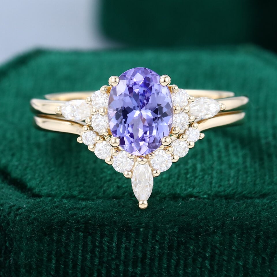 Yellow Gold Oval Tanzanite Engagement Ring Set