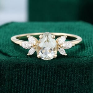 Yellow Gold Pear Shaped Green Amethyst Engagement Ring