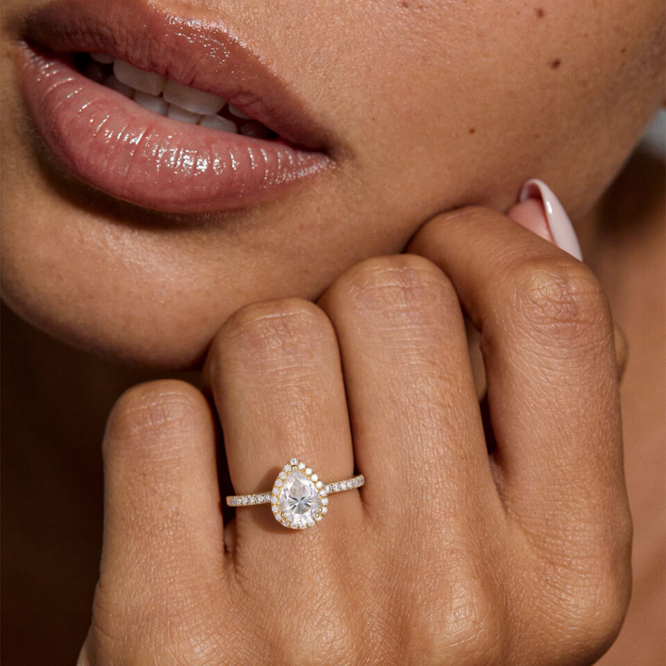 Pear Moissanite Halo Engagement Ring