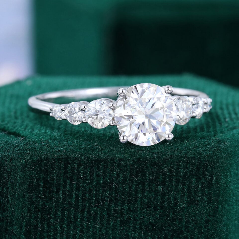 Round Cut Moissanite Engagement Ring White Gold with Gradient Side Stones (4)